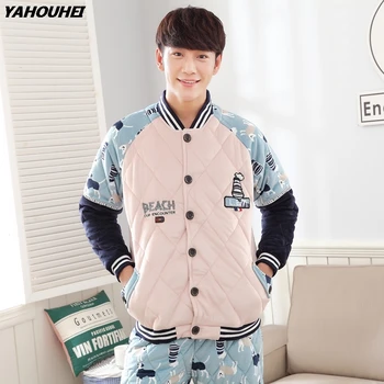 

2019 Winter Casual Thick Warm 100% Cotton Pajamas Sets For Men Long Sleeve Cardigan Pyjama Male Homewear Loungewear Home Clothes