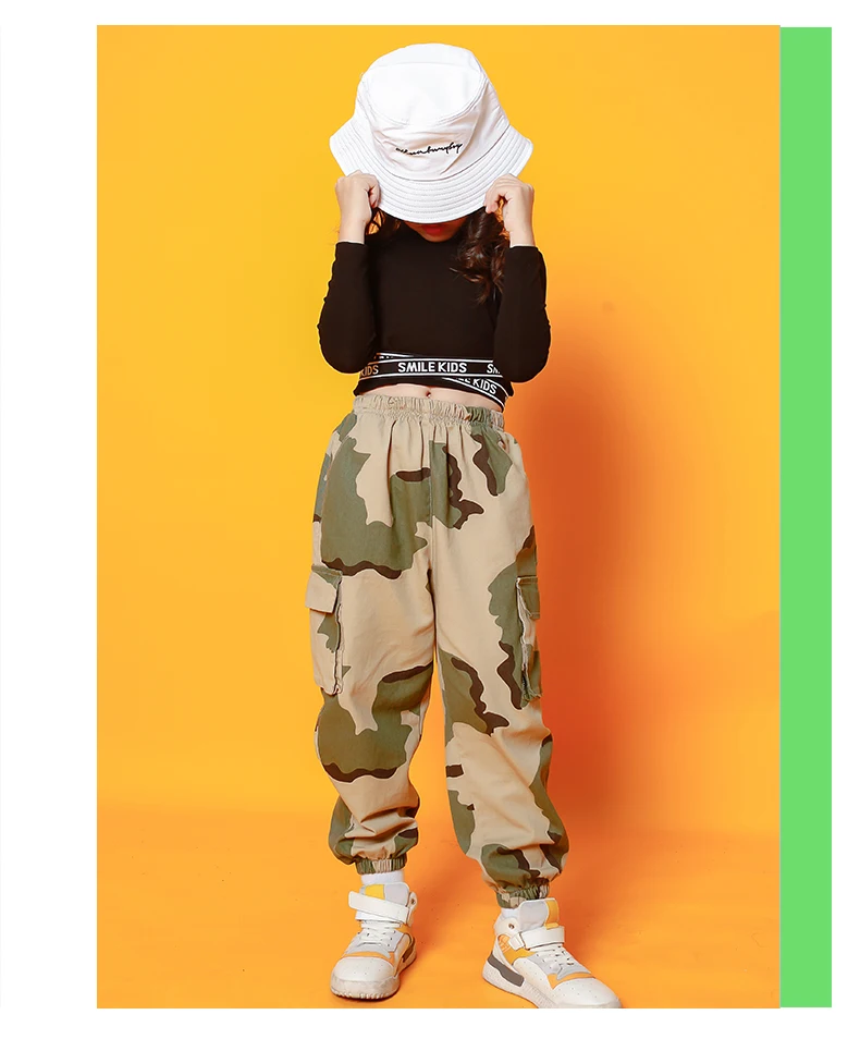 Hip Hop Dance Costumes Crop Cross Top Coat Camouflage Pants Girls Jazz Clothing Children Street Dancing Stage Performance Wear (13)