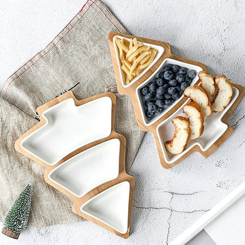 Fashion-4Pcs/Set Christmas Tree Wooden Pallet Dinnerware Salad Cake Fruit Dessert Candy Ceramic Dishes(Color Mixing