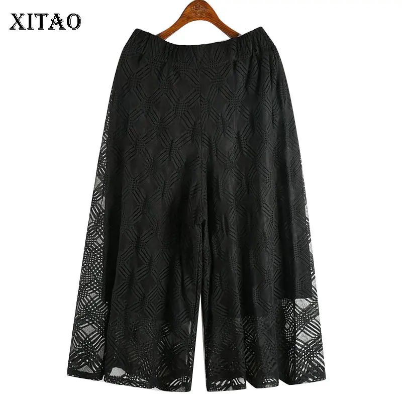

XITAO Lace Black Wide Leg Pants Fashion Elastic Waist 2020 Spring Summer Hollow Out Small Fresh High Waist Casual Pants DMY3821