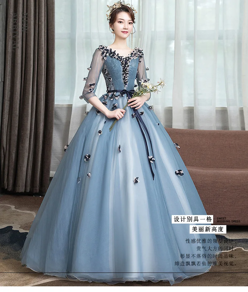Trajes De Quinceaneras New V Neck Three Quarter Sleeve Quinceanera Dresses Lace Flower Plus Size Lace Up Custom Made Prom Gown