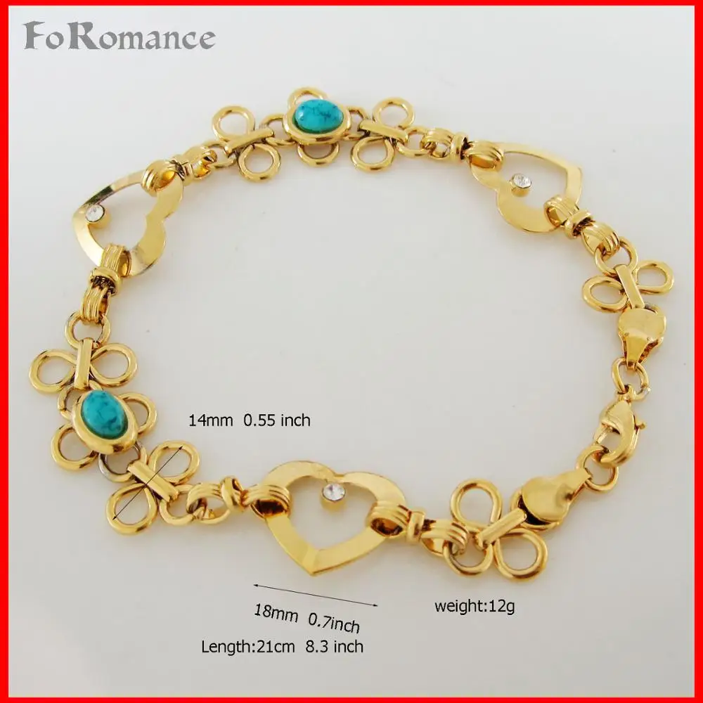 FOROMANCE/8," женский браслет из желтого золота GP с синим камнем в форме сердца и цветка, браслет 14 мм с широкой цепочкой
