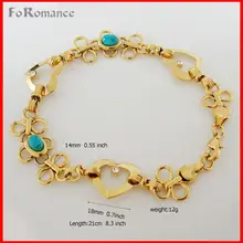 FOROMANCE/8," женский браслет из желтого золота GP с синим камнем в форме сердца и цветка, браслет 14 мм с широкой цепочкой