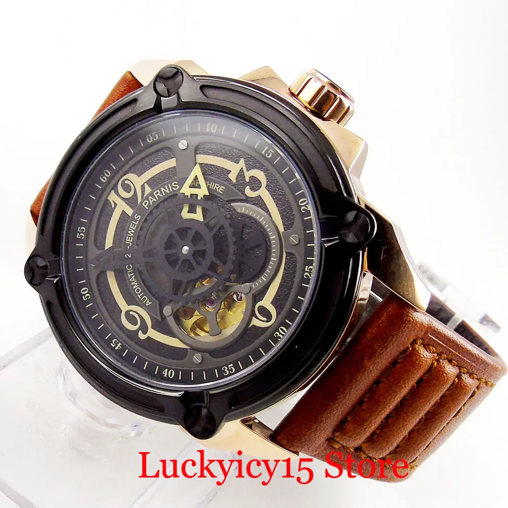 

PARNIS Luxury Special Design 44mm Self Winding Men's Watch Sapphire Crystal Polished Case Leeather Strap