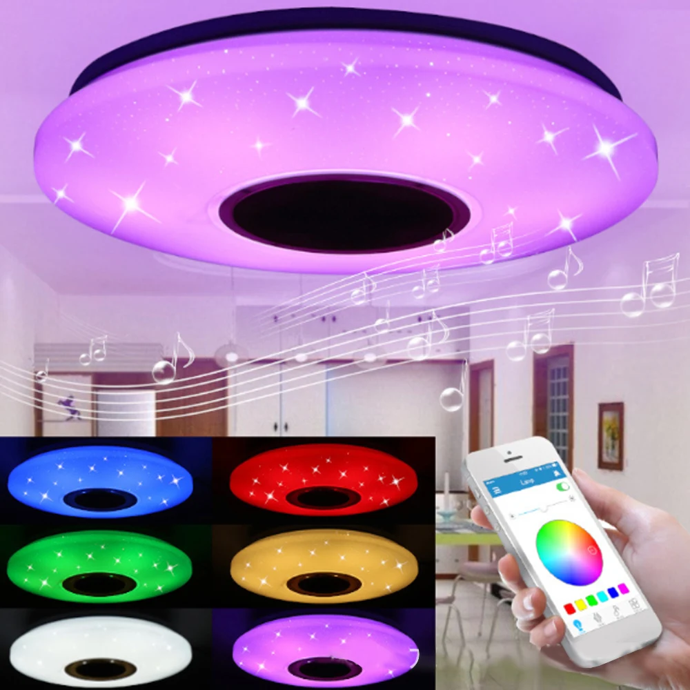 

HOT Music Bluetooth Speaker Led Ceiling Light Lamp With 36W Rgb Flush Mount Round Starlight Music Dimmable Color Changing Light