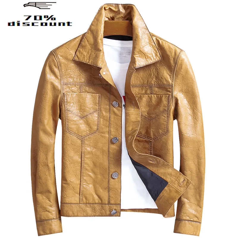 

Men's Sheepskin Coat Genuine Leather Jacket Men Yellow Vintage Motorcycle Jacket Spring Autumn Deri Mont WpJY825 KJ4222