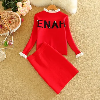 

Print Letter ENAH Spring Brand Women Knitting Sets Lady Office Pullovers Tops and High Waist Skirt Elegant 2 Pieces Set LY889