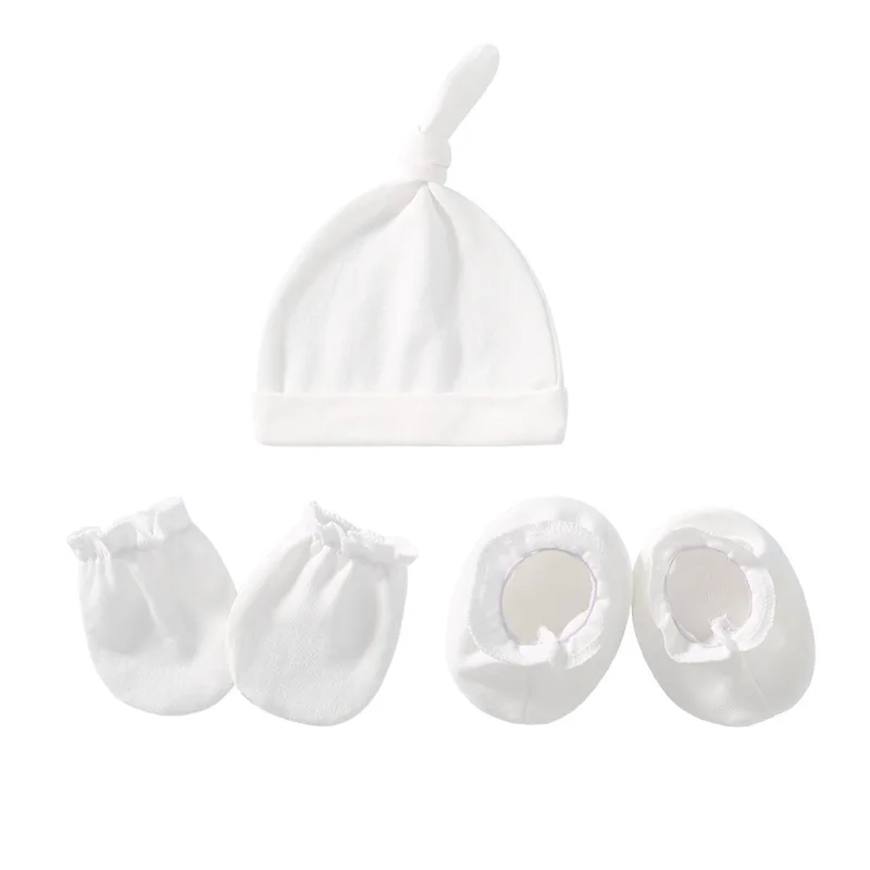 3pcs Set Baby Hats Newborn Gloves Baby Feet Cover Pure Cotton Pure Color Pure Cotton Set