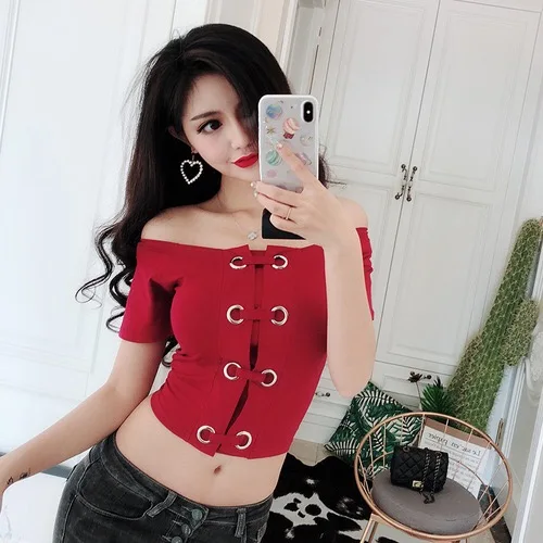 red Kpop черная розовая Лиза та же черная Сексуальная футболка с бретельками и открытыми плечами, женская летняя уличная модная футболка, тонкие футболки, женские топы - Цвет: red