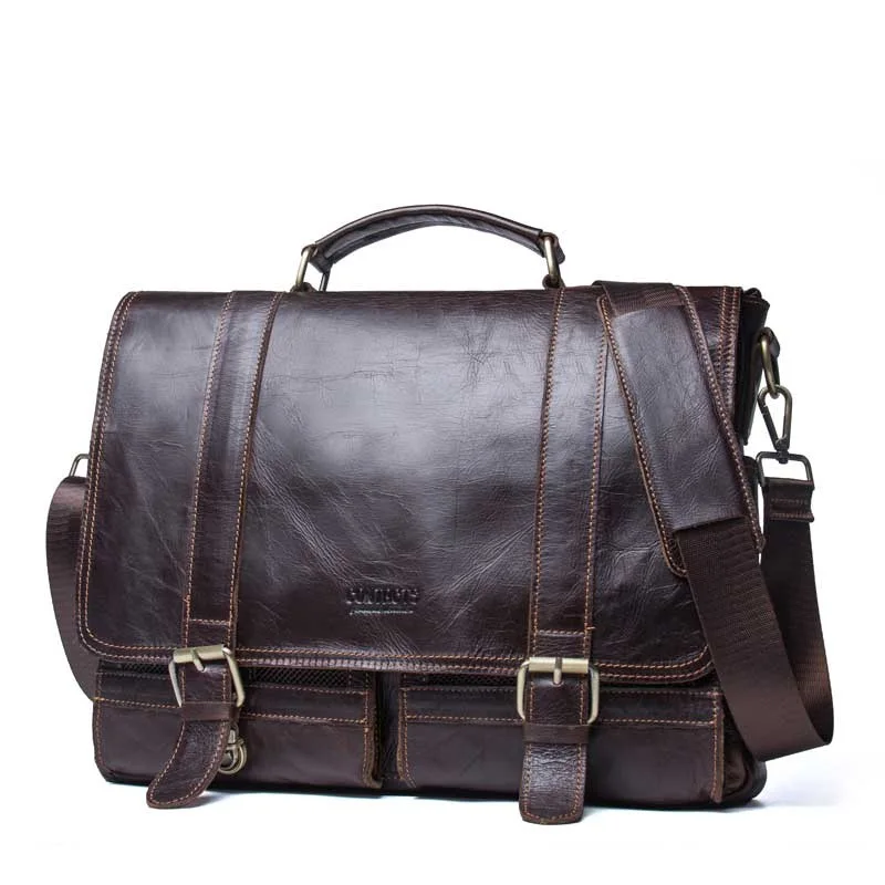 

Fashion Men Genuine Leather Briefcase for 14" Laptop Business Male Shoulder Bag Waterproof Soild Handbag Brown Men Briefcase