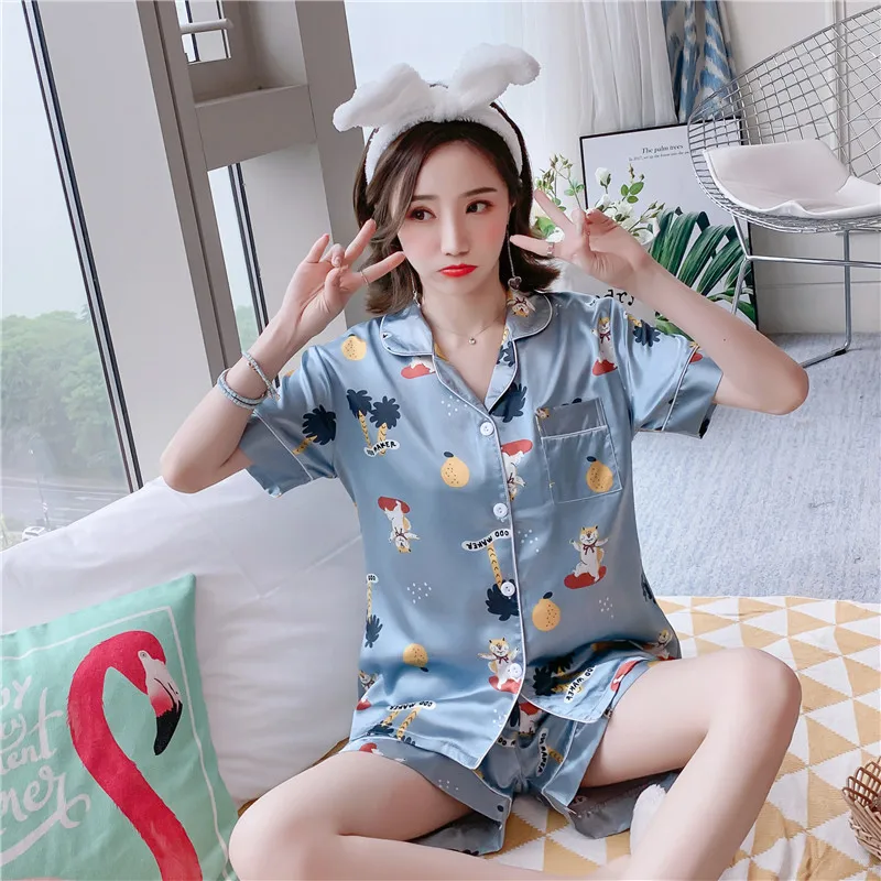 

2019 Summer New Style Imitated Silk Pajamas WOMEN'S Short Sleeved Shorts Cardigan Homewear Set 352 # M -Xxl