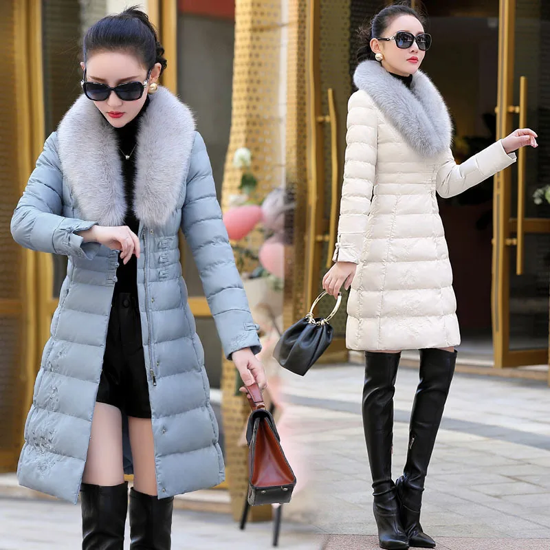 

PU Leather Cotton-padded Clothes Women's Mid-length 2019 Winter New Style Korean-style Slim Fit Slimming Thickening Large Fur Co