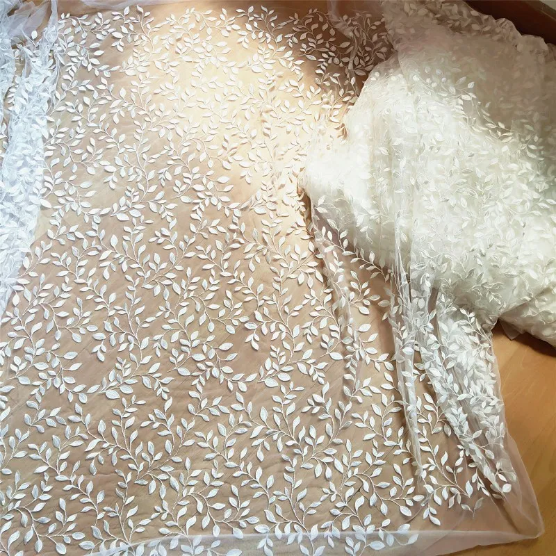 Top Quality Tulle Mesh Ivory Lace Wedding Dress Garment Costume Thick Embroidery Leaves Style Fabric Rayon Material | Дом и сад
