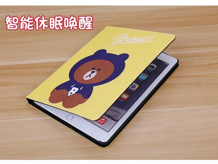 Милый мультяшный коричневый медведь откидная крышка для Ipad Air 1 2 мин на возраст 1, 2, 3, 4, 5, из искусственной кожи и функцией автоматической блокировки и разблокировки ударозащитный чехол