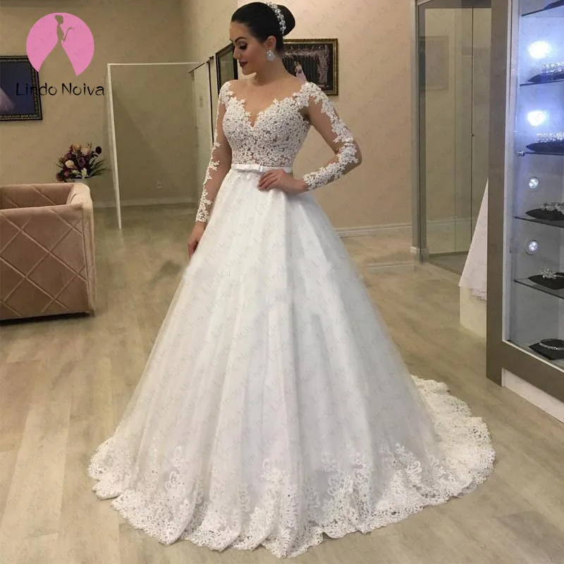 Недорогое свадебное платье Vestido De Noiva с длинными рукавами, v-образным вырезом, кружевом и линией,, на заказ, украшенное бисером свадебное платье