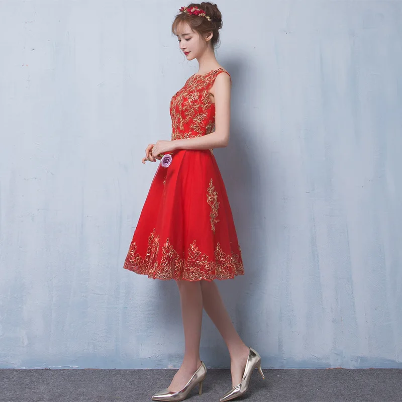 Red Womens O-Neck Sequin Short Party Dress Sexy Evening Banquet Elegant Prom Sleeveless Chinese Style Mesh Gown Vestido XS-3XL