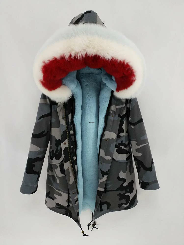 camo grey no cuffs Женская зимняя куртка OFTBUY, с натуральным мехом лисы на воротнике и капюшоне, длинная парка, модная уличная одежда - Цвет: camo grey no cuffs