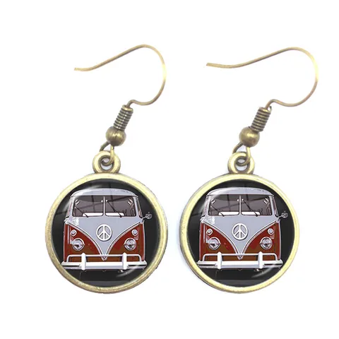 Blue-Red-Yellow Hippie Peace Van Bus Photo Drop Earrings Retro Beach Bus Car Collectors Bus Peace Sign Jewelry For Women
