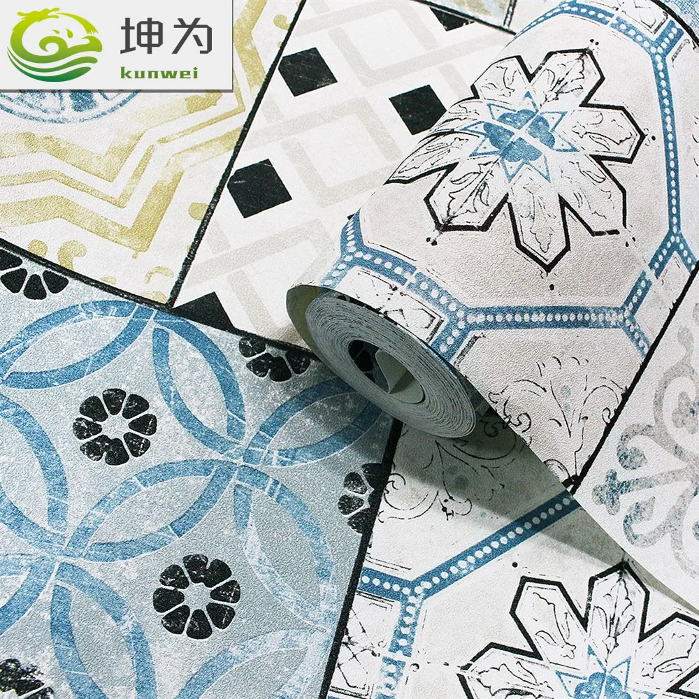 

wallpaperNew fashion whiteand blue faux tilewallpaper roll MediterraneanstylePVCwall paperLiving roomTVbackgroundwallstudyroom