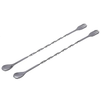 

2pcs New Stainless Steel Bar Cocktail Twisted Mixing Spoon Fork DIY Set