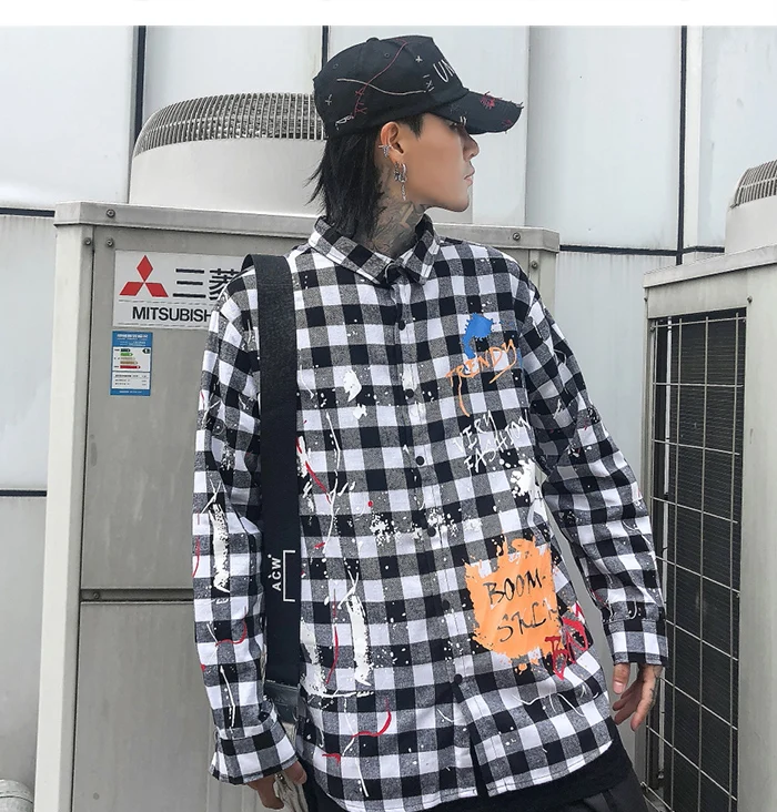 AELFRIC модная клетчатая забавная футболка с рисунком граффити Мужская Harajuku уличная Хип Хоп Топы повседневные хлопковые мужские с длинным рукавом негабаритных