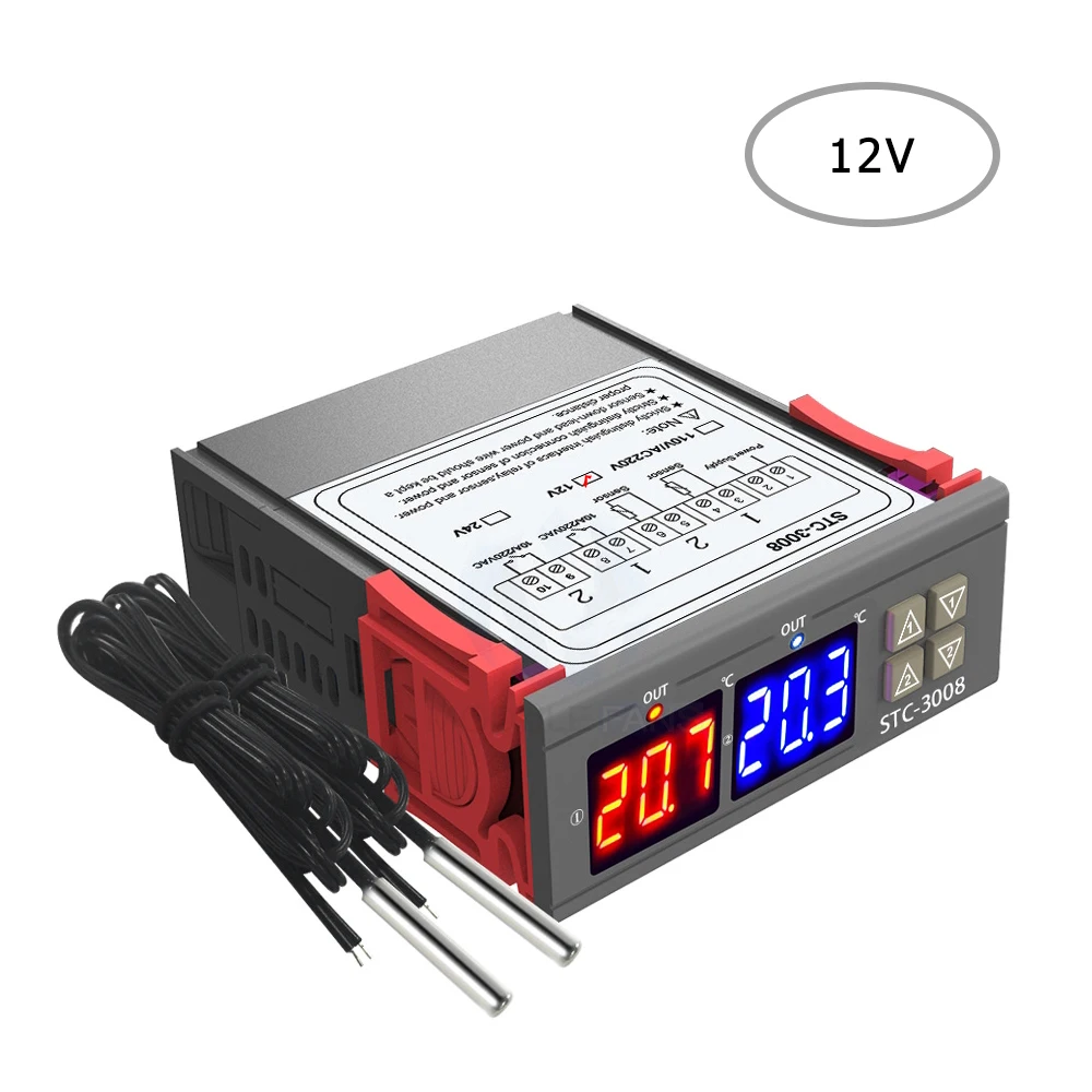 10A/240VAC двойной цифровой дисплей термостат Температура регулятор Температура контроллер с двойной датчик температуры NTC терморегулятор - Цвет: 12V