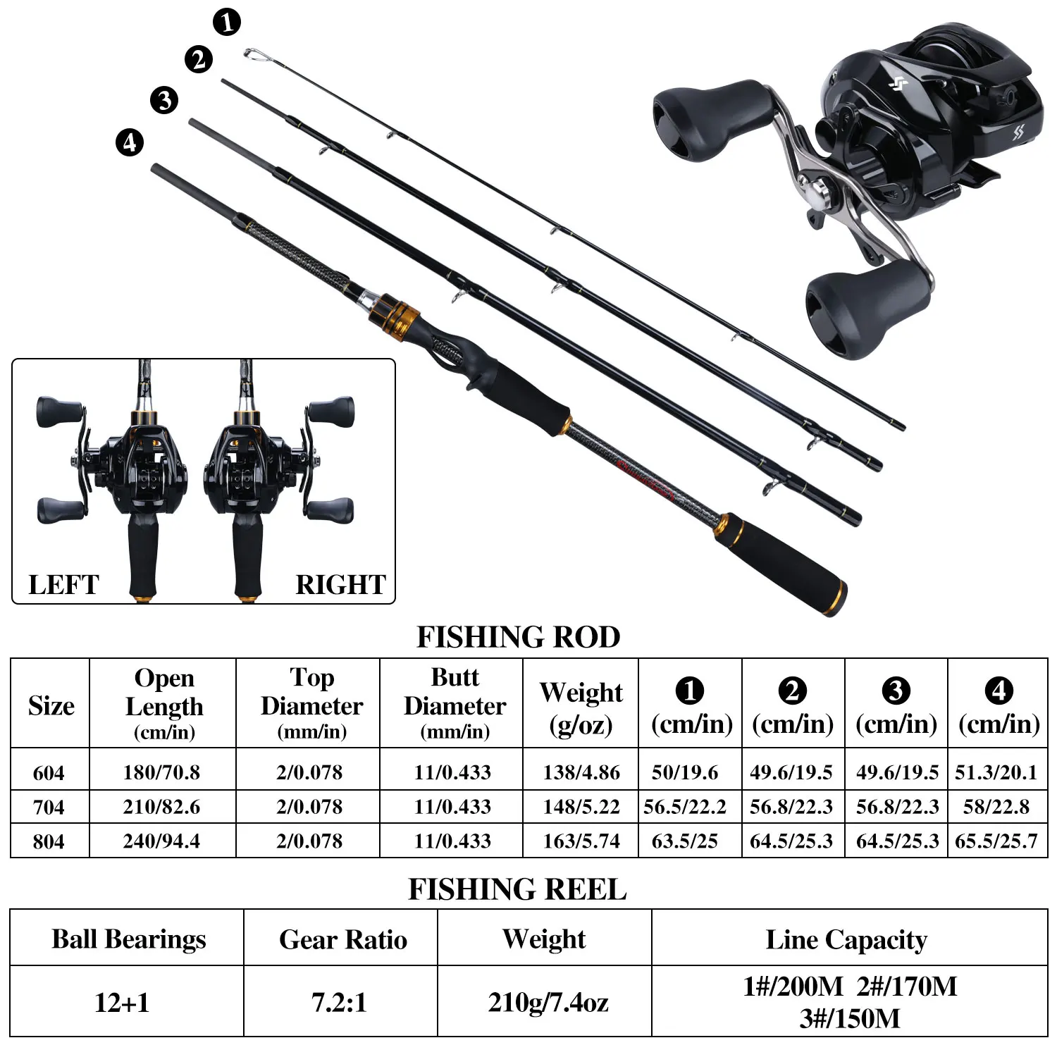 Sougayilang Casting Fishing Rod Reel Combo 1.8M-2.4M 4Sections Carbon Fiber Fishing Rod with 12+1BB 7.1:1 Baitcasting Reel Pesca