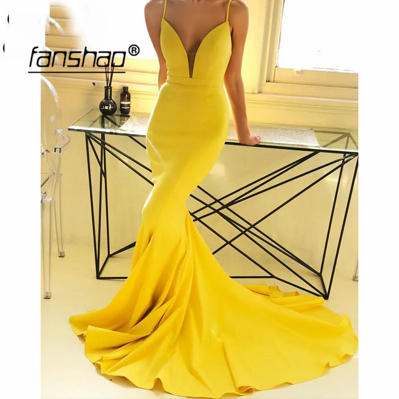 

Spaghetti Straps Yellow Evening Dresses Deep-V Satin Simple Blue Evening Dress Mermaid Prom Dress abendkleider