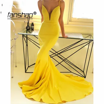 

Spaghetti Straps Yellow Evening Dresses Deep-V Satin Simple Blue Evening Dress Mermaid Prom Dress abendkleider