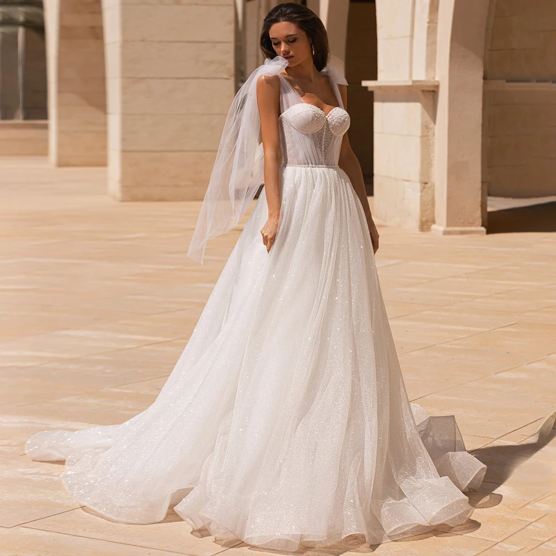 

Блестящее ТРАПЕЦИЕВИДНОЕ свадебное платье из тюля с бусинами на бретельках, 2022 Robe Mariage