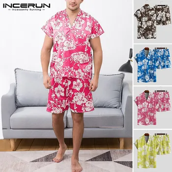 

INCERUN Men Nightwear Pajamas Sets Floral Printed V Neck Short Sleeve Casual T-shirt Short Bottoms Man Sleepwear Suits Plus Size