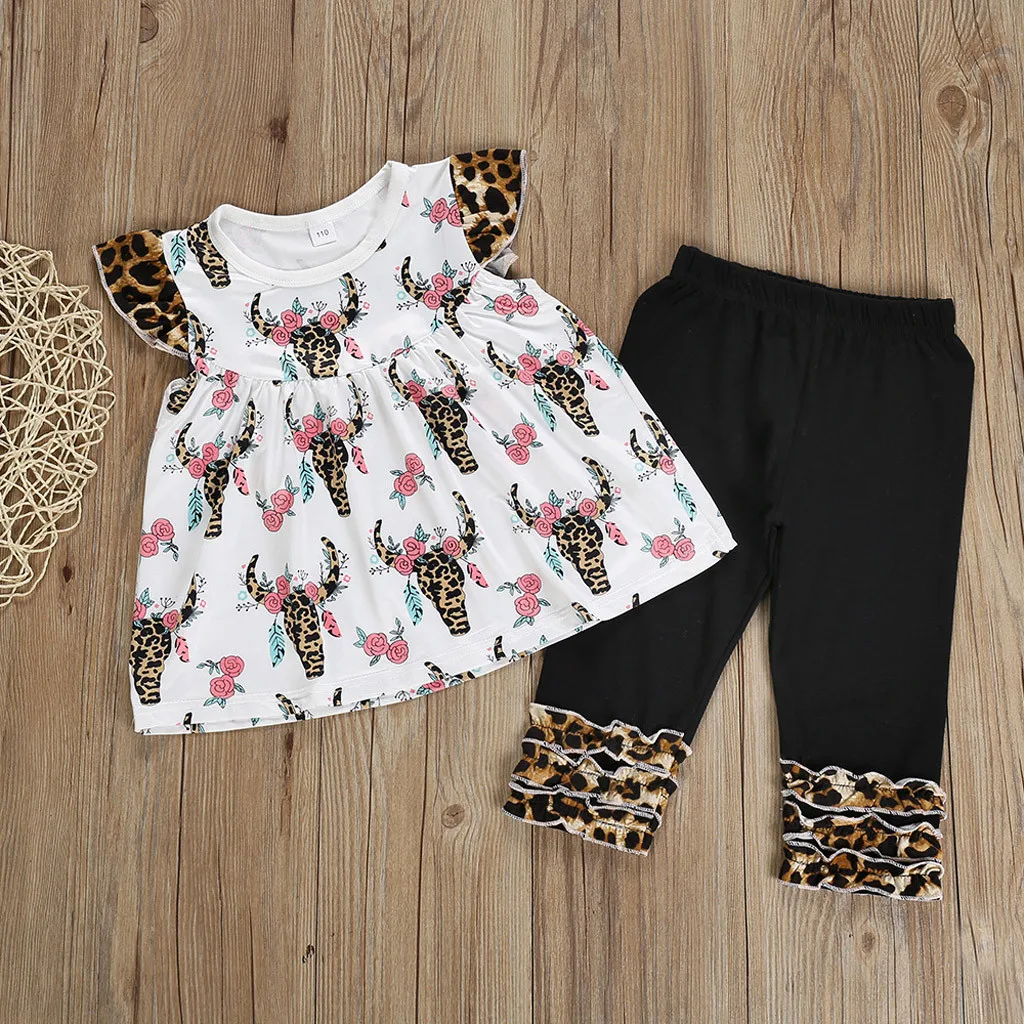 Kids Set Clothes Sleeveless Cartoon Bull Head Print Flying Sleeve Dress Toddler Casual Children Leopard Printed Pants Outfits | Детская
