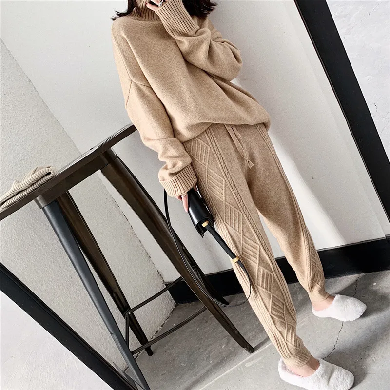 flare pants Women Winter Warm Knitted Pants Casual  Elastic High Waist Thick Chic Harem Ankle-Length Pants Korean Loose Sweater Trousers capri leggings with pockets