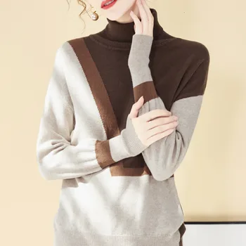 

XUXI Women 2019 New Autumn Winter Color Matching Bat Sleeve High Collar Knitting Sweater Pullover Turtleneck FZ0215