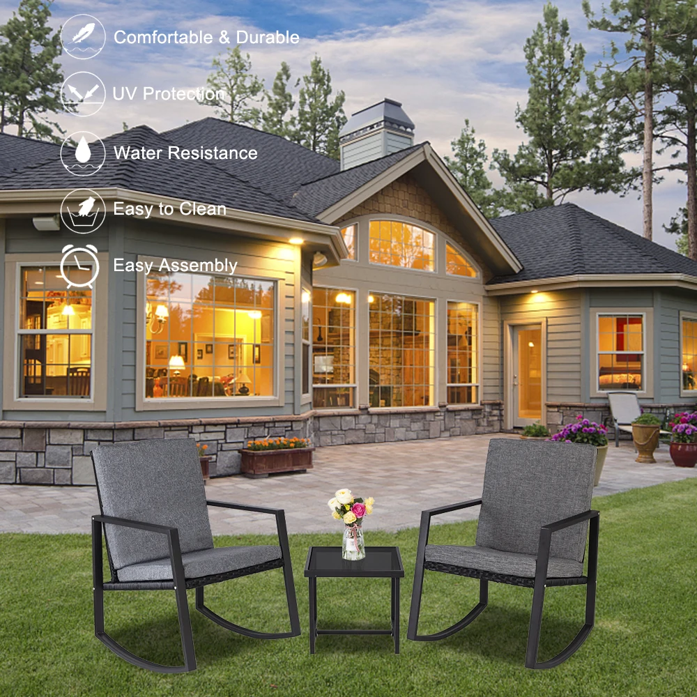 

3 Pcs Rocking Chairs Set Modern Outdoor Garden Chairs Patio Furniture Coffee Table Ship Fast