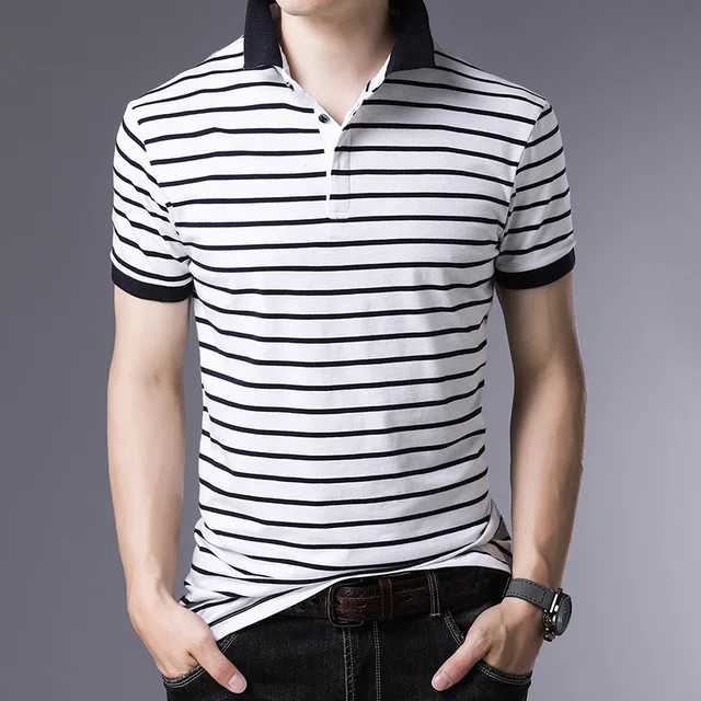 FDM1809 White Полосатая футболка с коротким рукавом, Мужская футболка, летний топ, Camisetas Hombre, Мужская облегающая хлопковая футболка размера плюс M-5XL - Цвет: FDM1809 White