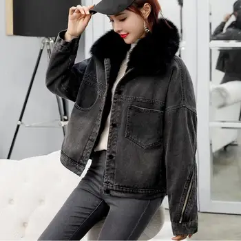 

Women Winter Thick Jean Jacket Faux Fur Collar Fleece Denim Coat Short Female Warm Denim Outwear