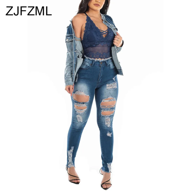 

High Waist Vintage Ripped Jeans For Women Hollow Out Washes Bandage Long Trousers Casual Female Elastic Club Party Denim Pant