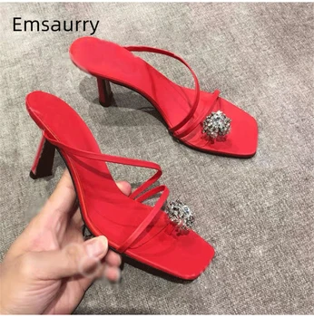 

Fairy Style Rhinestone Flip Flops Kitten Heel Square Open Toe Narrow Band Slim Beach Shoes Diamond Decor Slippers Women