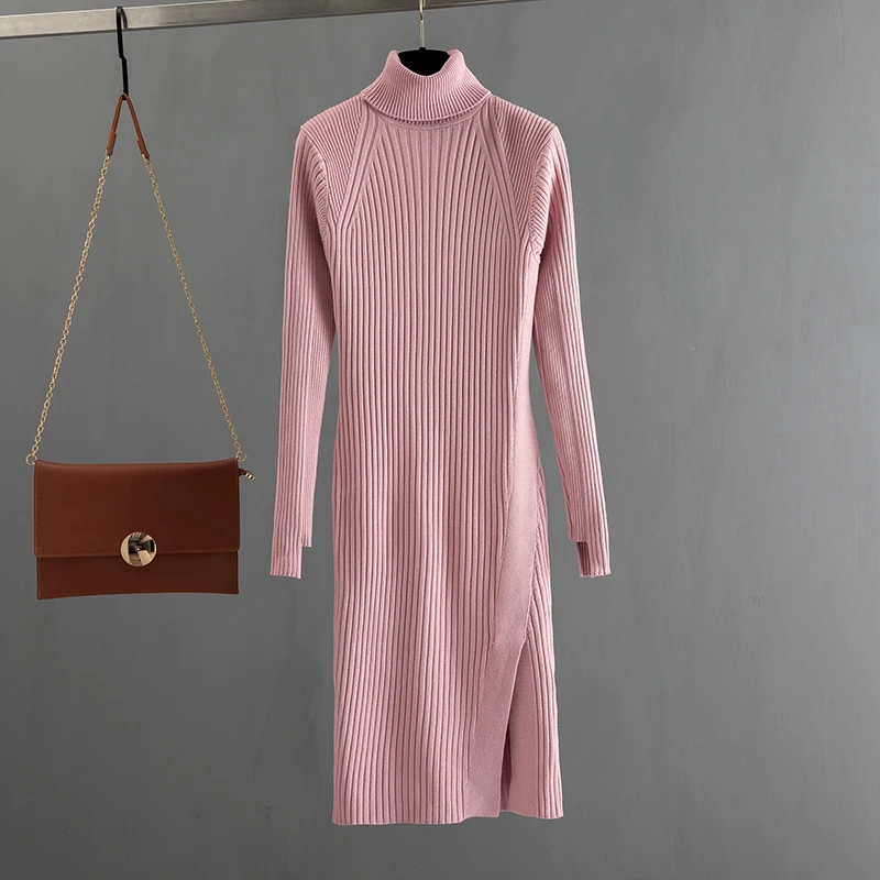 Pink YY3988 ONLYSVTER/Зимний толстый теплый длинный вязаный свитер Макси-Платье, пуловер с высоким воротом, платье миди, облегающее платье для вечеринок - Цвет: Pink YY3988
