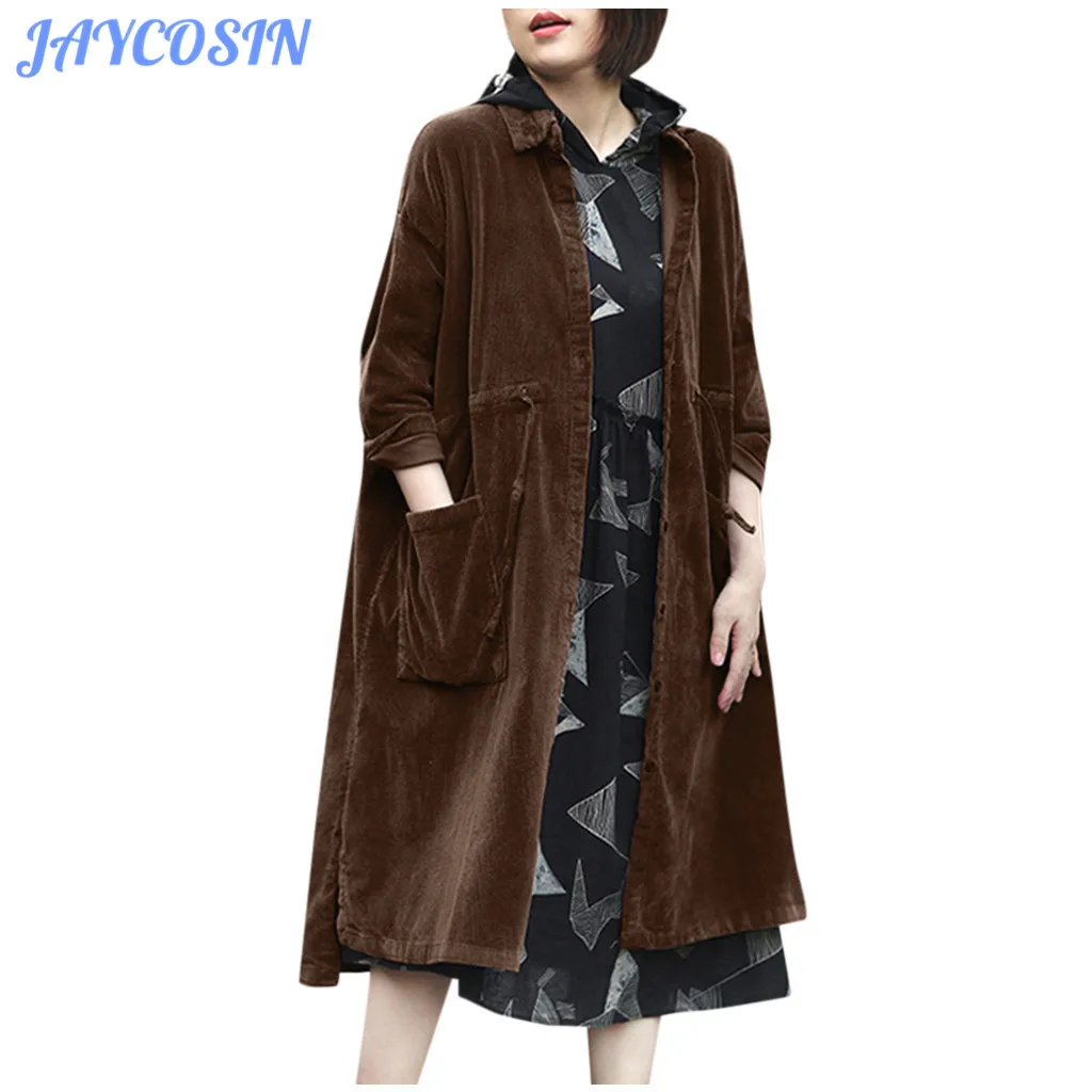 JAYCOSIN Женская одежда, большие размеры, однотонный вельветовый длинный кардиган, пальто для женщин, модные куртки, пальто с карманами, Осень-зима 1108