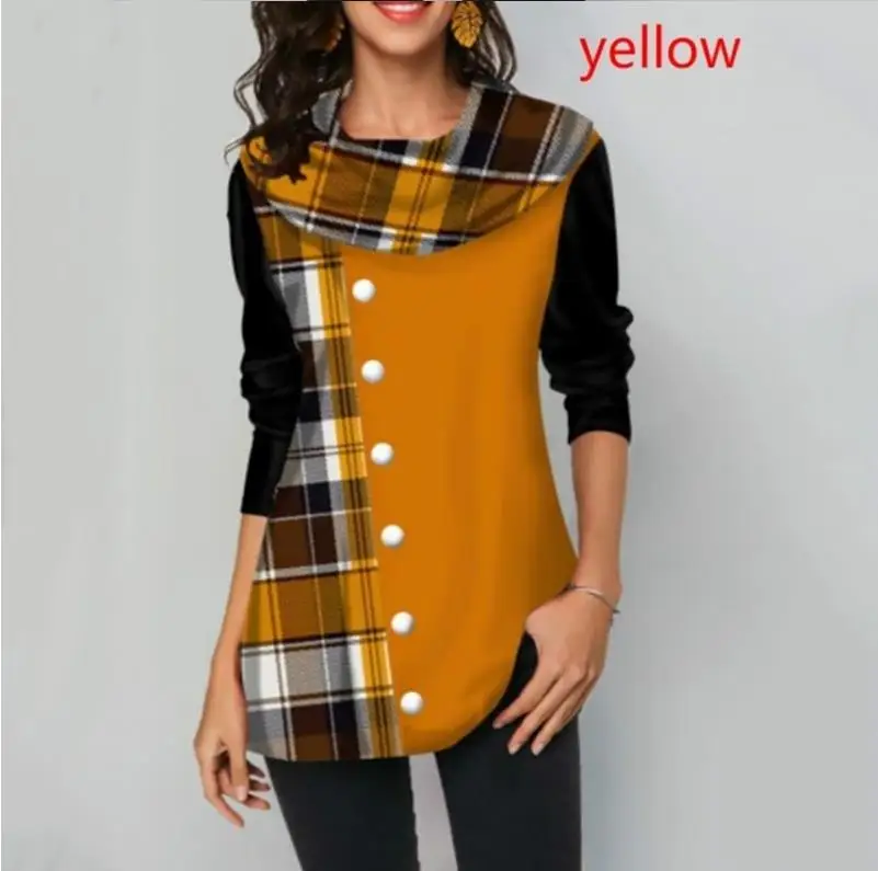  Shirt Blouse Women Spring Stitching Plaid Button Decorate Long Sleeve Shirt Ladies Casual Loose Plu