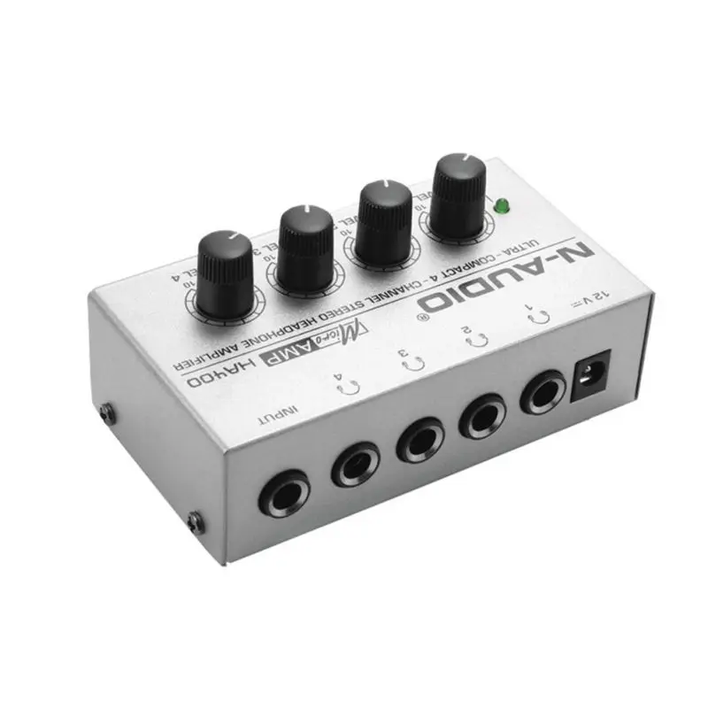 4 Channels Headphone Amplifier Mini Stereo Audio Earphone Splitter For Sound Reinforcement Studio Silver Color - Цвет: Silver UK Plug