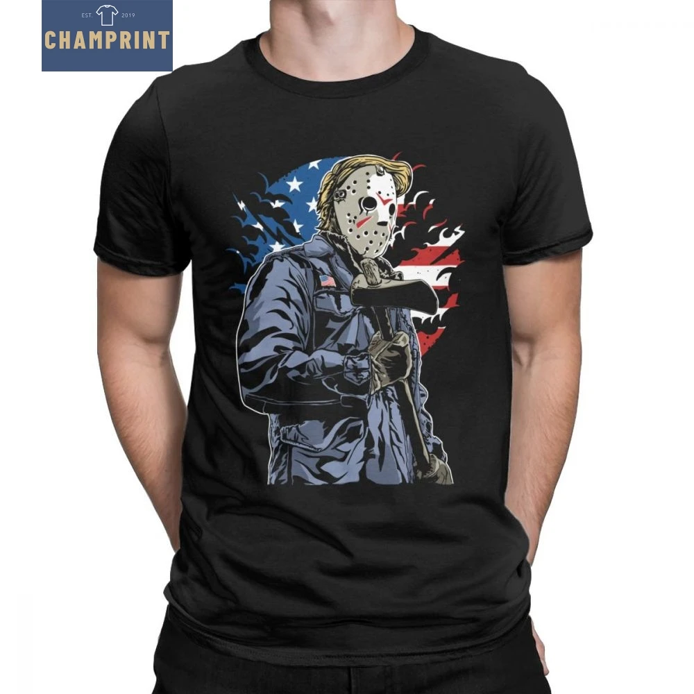 

American Horror T Shirt Men Cotton Leisure T-Shirts Halloween Friday the 13th Jason Voorhees Freddy Tee Short Sleeve Tops 6XL