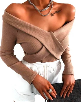 

Sexy Women Sweater Blouse Cross Deep-V Neck Off Shoulder Autumn Fashion Long Sleeve Solid Sexy Tight Tops Blouse Street Wear