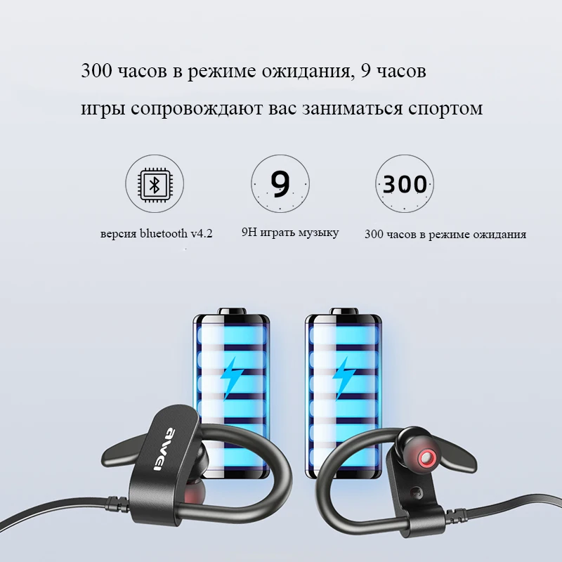 AWEI WT50 спортивные беспроводные наушники Bluetooth двойная мощность! ушной крючок водонепроницаемый IPX4 гарнитура шумоподавление HiFi стерео звук