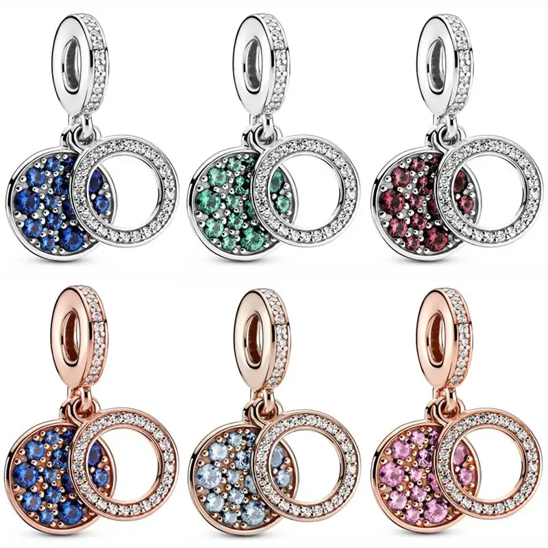 

Diy Charm Rose Sparkling Light Blue Blue Pink Green Disc Double Pendant 925 Sterling Silver Beads Fit Fashion Bracelet Jewelry