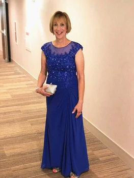 

Long Royal Blue Mother of the Bride Dress Cap Sleeve Beading Lace Chiffon Wedding Party Guest Mother of the Groom Evening Gowns