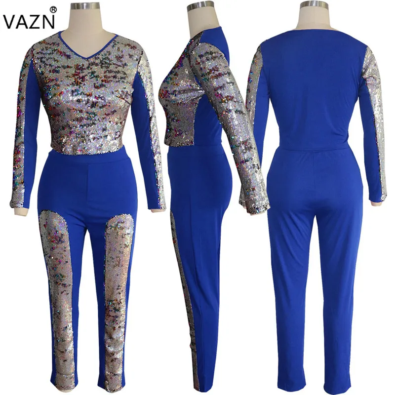 VAZN Весна, элегантный сексуальный стиль, Женский комплект из 2 предметов, однотонный, расшитый блестками, v-образный вырез, длинный рукав, полые длинные штаны, тонкий комплект, QM3596
