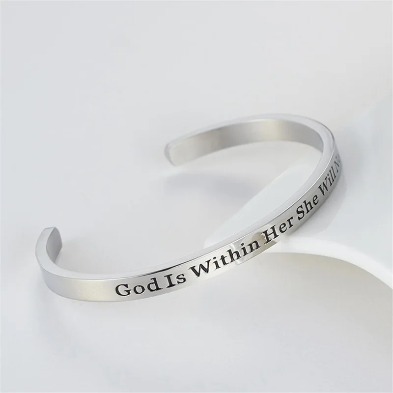 God Is Within Her She Will Not Fail 5MM Width Inspirational 316L Stainless Steel Bracelet Bangle Stamped Cuff Mantra Bracelet